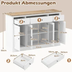 Sideboard mit 3 Schubladen & 2 Glastüren & Verstellbaren Regalen Küchenschrank Weiß