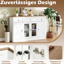 Sideboard mit 3 Schubladen & 2 Glastüren & Verstellbaren Regalen Küchenschrank Weiß