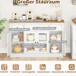 Sideboard mit 3 Schubladen & 2 Glastüren & Verstellbaren Regalen Küchenschrank Weiß