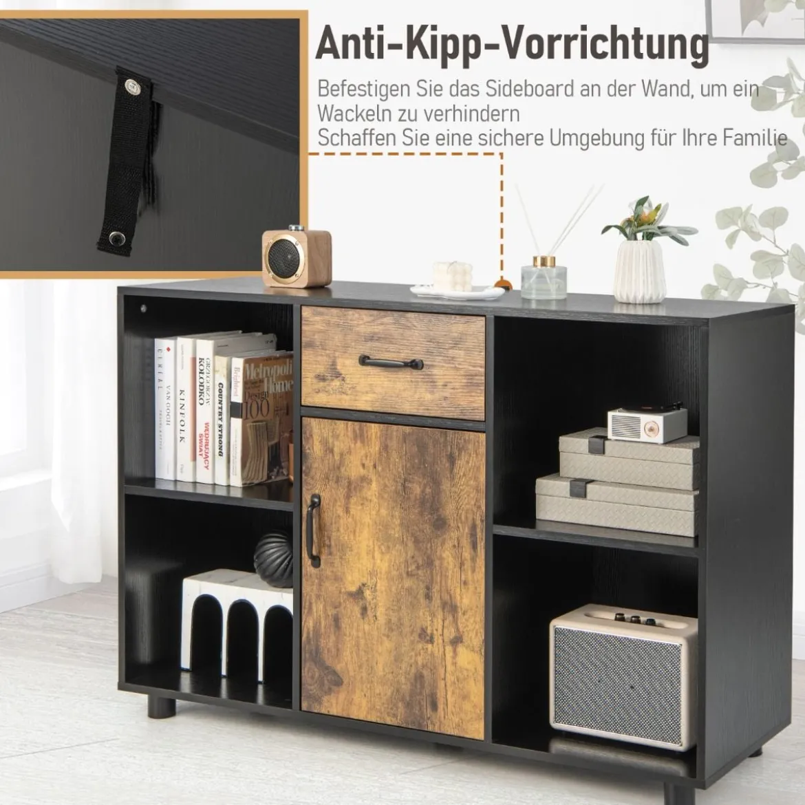 Sideboard mit Schublade 4 Offenen Fächern und 1 Tür 120 x 40 x 80 cm