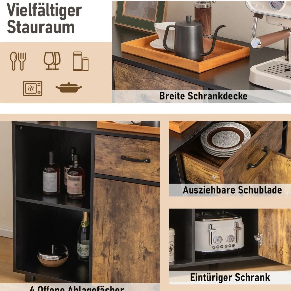 Sideboard mit Schublade 4 Offenen Fächern und 1 Tür 120 x 40 x 80 cm