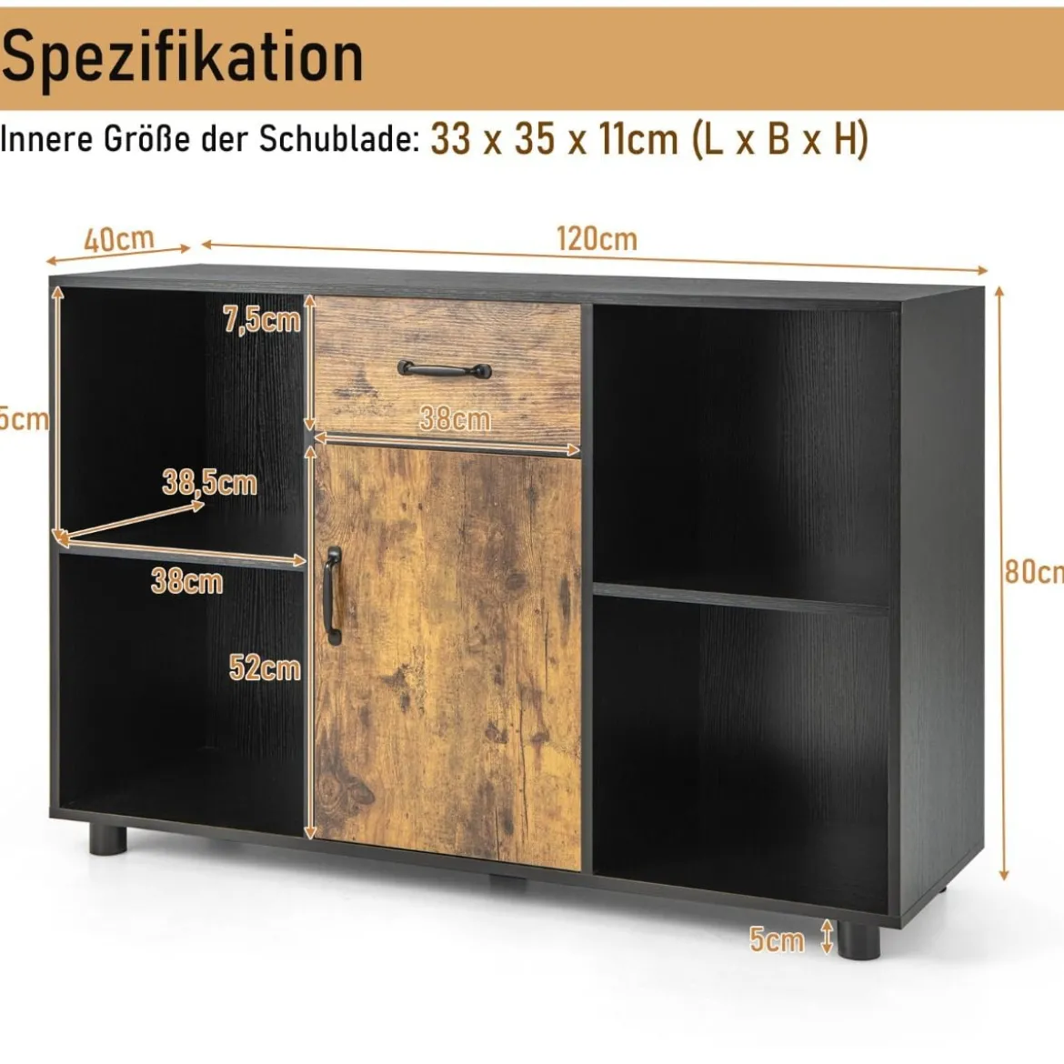 Sideboard mit Schublade 4 Offenen Fächern und 1 Tür 120 x 40 x 80 cm