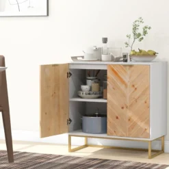 Sideboard mit 2 Türen Küchenschrank mit Regal Buffetschrank modern mit Metallbeinen Weiß 80 x 40 x 80 cm