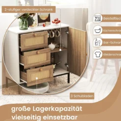 Sideboard Rattan Kommode mit 1 Tür und 3 Schubladen Küchenschrank 80 x 35 x 80,5 cm Weiß + Natur