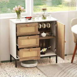 Sideboard Rattan Kommode mit 1 Tür und 3 Schubladen Küchenschrank 80 x 35 x 80,5 cm Weiß + Natur