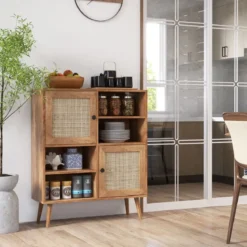 Sideboard Schrank aus Holz Kommode mit 4 Fächern & 2 Türen Anrichteschrank Rattan