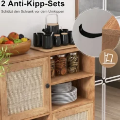 Sideboard Schrank aus Holz Kommode mit 4 Fächern & 2 Türen Anrichteschrank Rattan