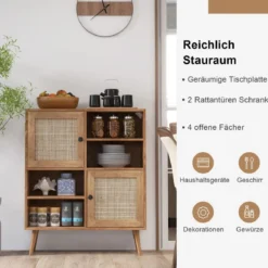 Sideboard Schrank aus Holz Kommode mit 4 Fächern & 2 Türen Anrichteschrank Rattan