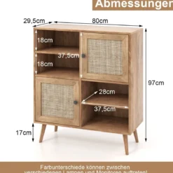 Sideboard Schrank aus Holz Kommode mit 4 Fächern & 2 Türen Anrichteschrank Rattan