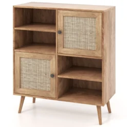 Sideboard Schrank aus Holz Kommode mit 4 Fächern & 2 Türen Anrichteschrank Rattan