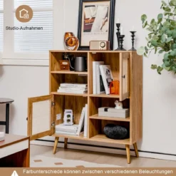 Sideboard Schrank aus Holz Kommode mit 4 Fächern & 2 Türen Anrichteschrank Rattan