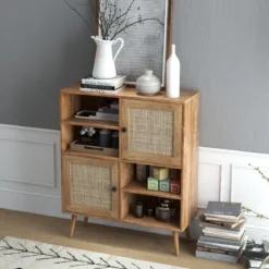 Sideboard Schrank aus Holz Kommode mit 4 Fächern & 2 Türen Anrichteschrank Rattan