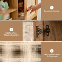Sideboard Schrank aus Holz Kommode mit 4 Fächern & 2 Türen Anrichteschrank Rattan