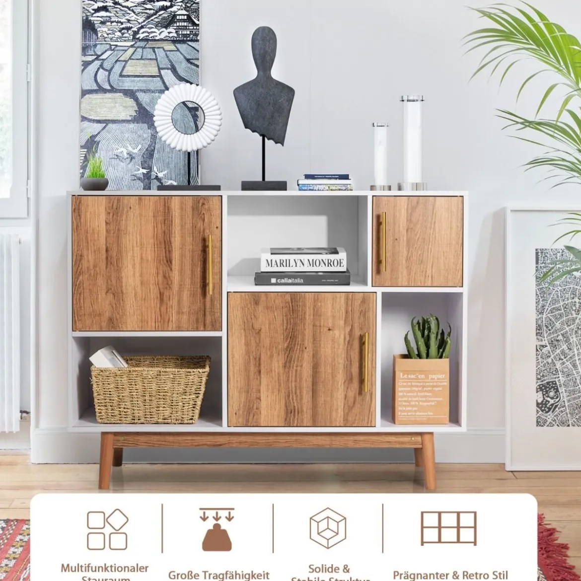 Sideboard Standregal Kommode Mehrzweck Schrank 95 x 31 x 76 cm Weiß + Kaffeebraun