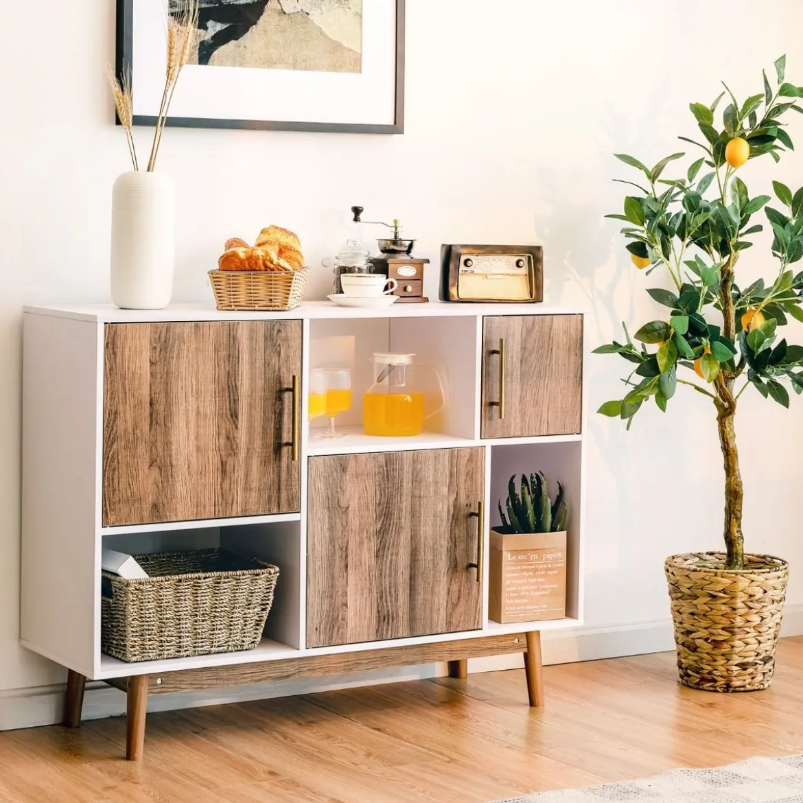 Sideboard Standregal Kommode Mehrzweck Schrank 95 x 31 x 76 cm Weiß + Kaffeebraun