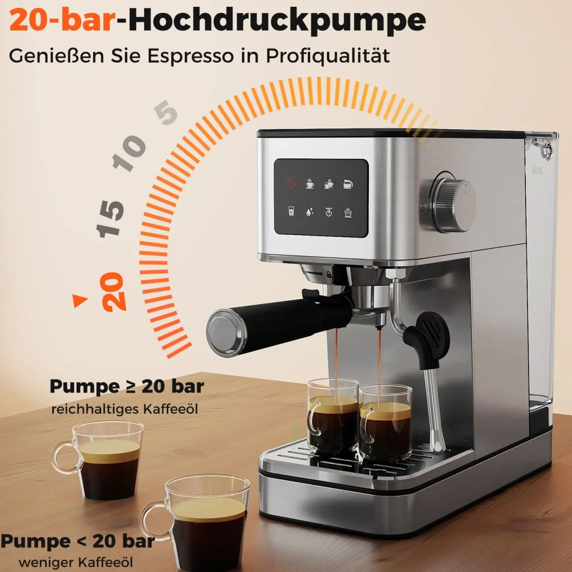 Siebträgermaschine mit Milchaufschäumer 20 Bar Espressomaschine mit Touchscreen & 17 L abnehmbarem Wassertank Silber