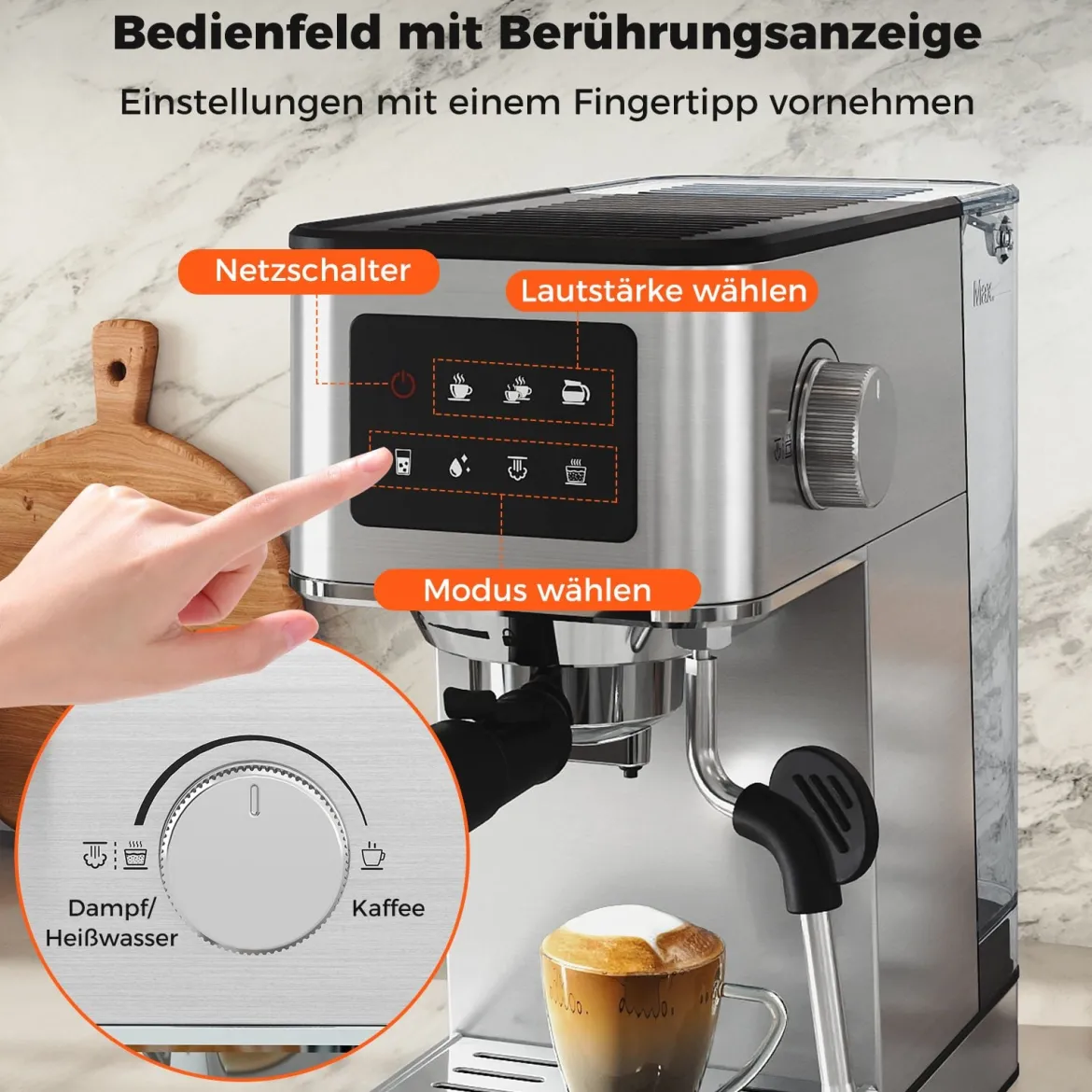 Siebträgermaschine mit Milchaufschäumer 20 Bar Espressomaschine mit Touchscreen & 17 L abnehmbarem Wassertank Silber
