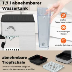 Siebträgermaschine mit Milchaufschäumer 20 Bar Espressomaschine mit Touchscreen & 17 L abnehmbarem Wassertank Silber