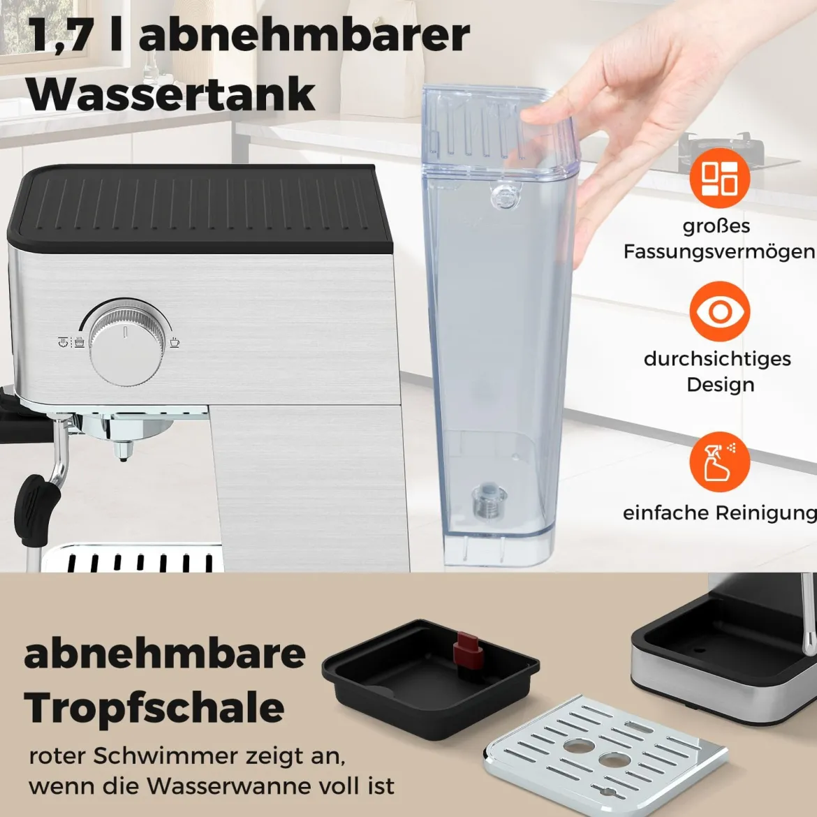 Siebträgermaschine mit Milchaufschäumer 20 Bar Espressomaschine mit Touchscreen & 17 L abnehmbarem Wassertank Silber