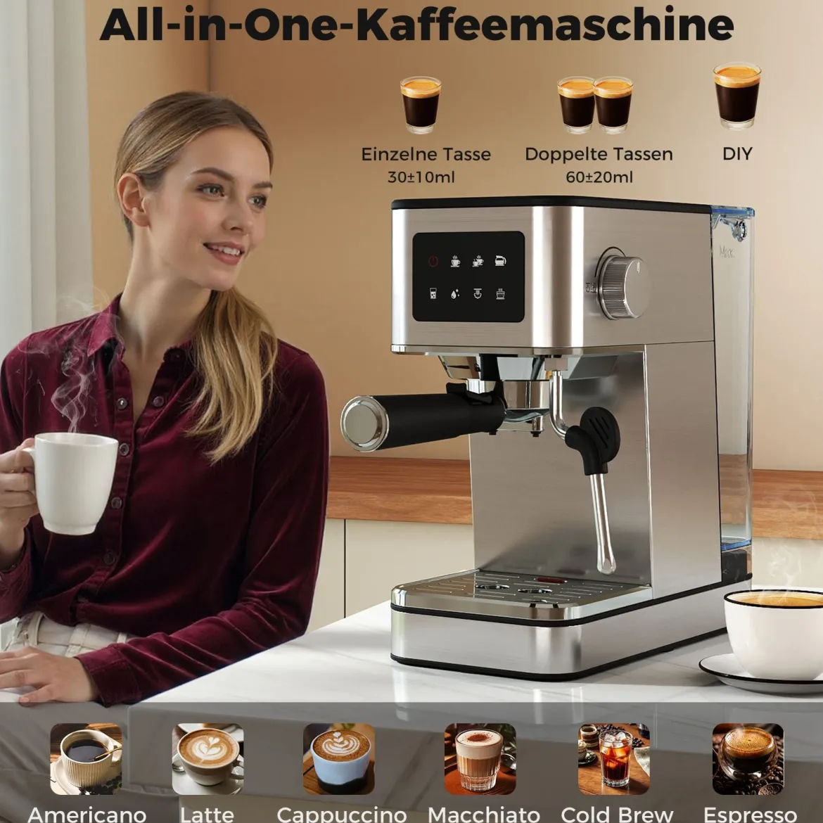 Siebträgermaschine mit Milchaufschäumer 20 Bar Espressomaschine mit Touchscreen & 17 L abnehmbarem Wassertank Silber
