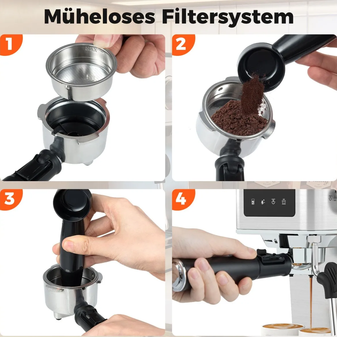 Siebträgermaschine mit Milchaufschäumer 20 Bar Espressomaschine mit Touchscreen & 17 L abnehmbarem Wassertank Silber