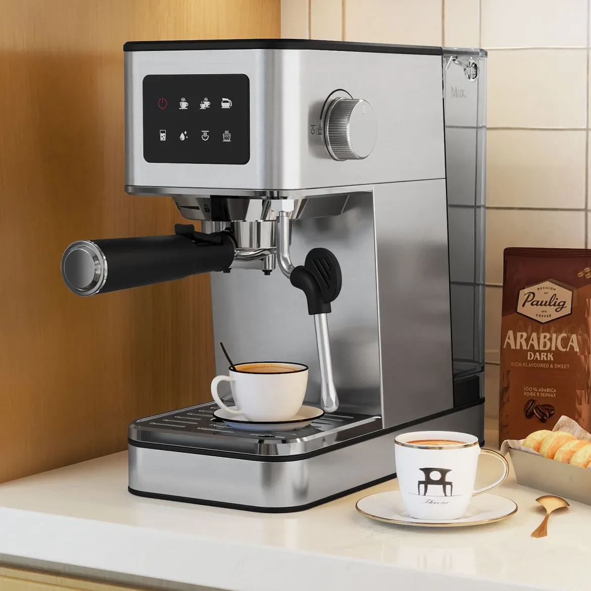 Siebträgermaschine mit Milchaufschäumer 20 Bar Espressomaschine mit Touchscreen & 17 L abnehmbarem Wassertank Silber