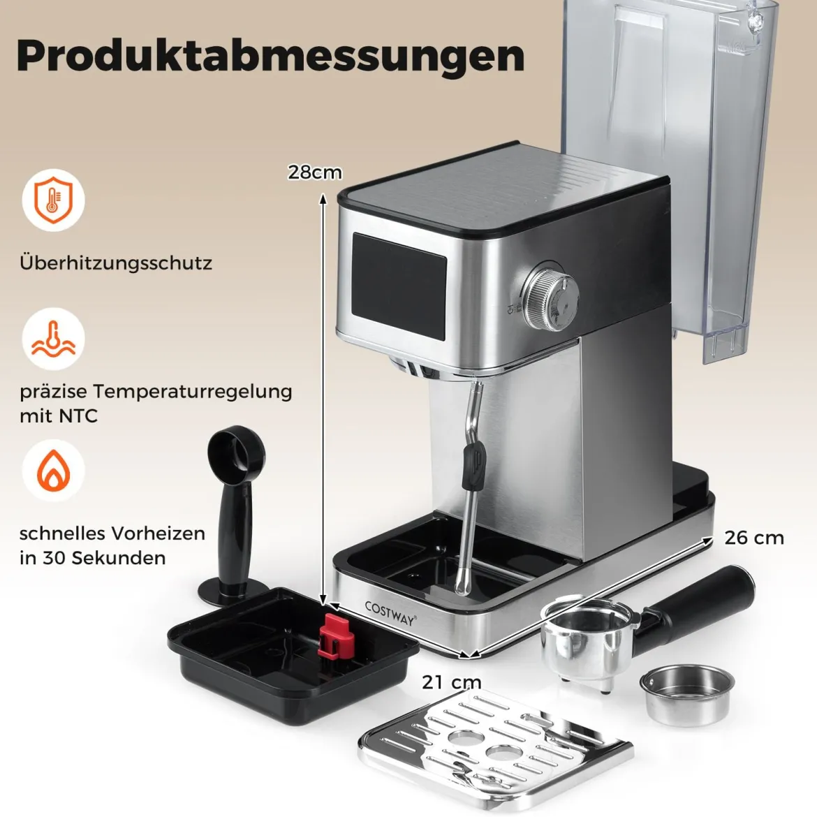 Siebträgermaschine mit Milchaufschäumer 20 Bar Espressomaschine mit Touchscreen & 17 L abnehmbarem Wassertank Silber