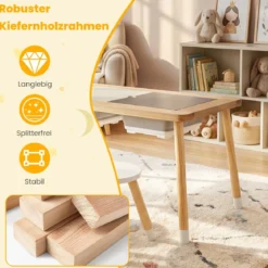 Sinnes- und Spieltisch mit 2 Hockern Kindertisch- und Stuhlset mit abnehmbaren doppelseitigen Tischplatten Natur
