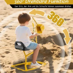 Sitzbagger 360° drehbar Bagger zum Draufsitzen Metall Bagger Sandkasten mit Schaufel Aufsitzbagger Gelb