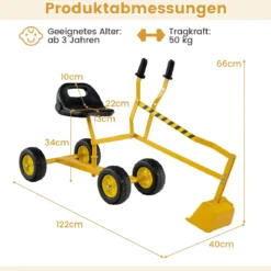 Sitzbagger 360° drehbar Bagger zum Draufsitzen Metall mit Schaufel & Rädern Bagger Sandkasten Gelb