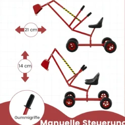 Sitzbagger 360° drehbar Bagger zum Draufsitzen Metall mit Schaufel & Rädern Bagger Sandkasten Rot