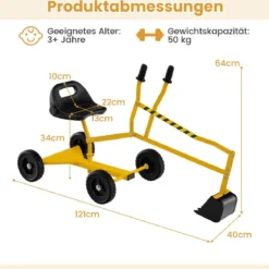Sitzbagger 360° drehbar Bagger zum Draufsitzen mit Schaufel & Rädern Kinderbagger Metall Aufsitzbagger Sandbagger Gelb