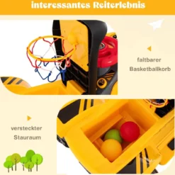 Sitzbagger Kinderbagger elektrisch mit verstecktem Stauraum & Basketballkorb 84 x 35 x 43 cm Gelb