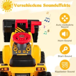 Sitzbagger Kinderbagger elektrisch mit verstecktem Stauraum & Basketballkorb 84 x 35 x 43 cm Gelb
