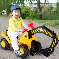 Sitzbagger mit Eingebautem Ablagefach & 3 Steine & Helm Kinderbagger Sandbagger Rutscher Gelb