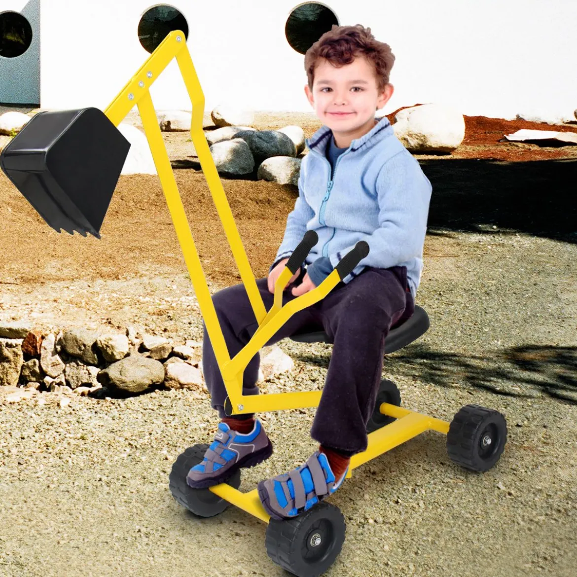 Sitzbagger mit Schaufel Kinderbagger aus Metall Sandbagger zum Aufsitzen für Kinder ab 3 J. Gelb
