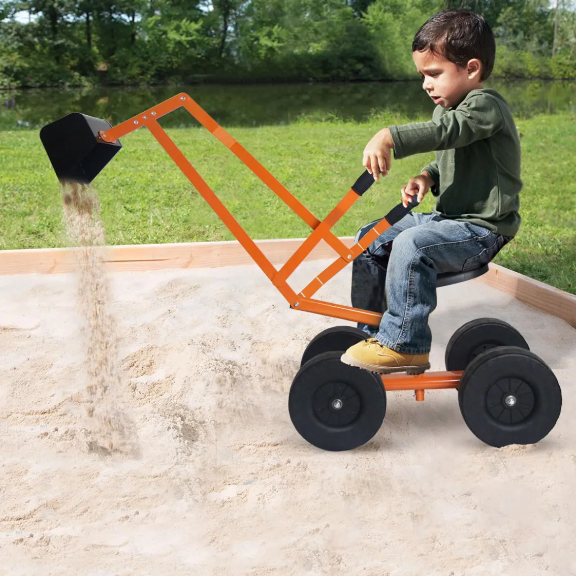 Sitzbagger mit Schaufel Kinderbagger aus Metall Sandbagger zum Aufsitzen für Kinder ab 3 J. Orange