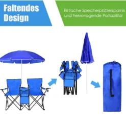2-Sitzer Campingstuhl mit Sonnenschirm Klappbarer Angelstuhl mit Tragetasche Faltstuhl