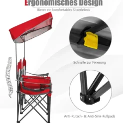 2-Sitzer Campingstuhl mit Sonnenschutz Mini-Tisch klappbarer Angelstuhl mit Tragetasche 166 x 71 x 151 cm Rot