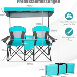 2-Sitzer Campingstuhl mit Sonnenschutz Mini-Tisch klappbarer Angelstuhl mit Tragetasche 166 x 71 x 151 cm Türkis