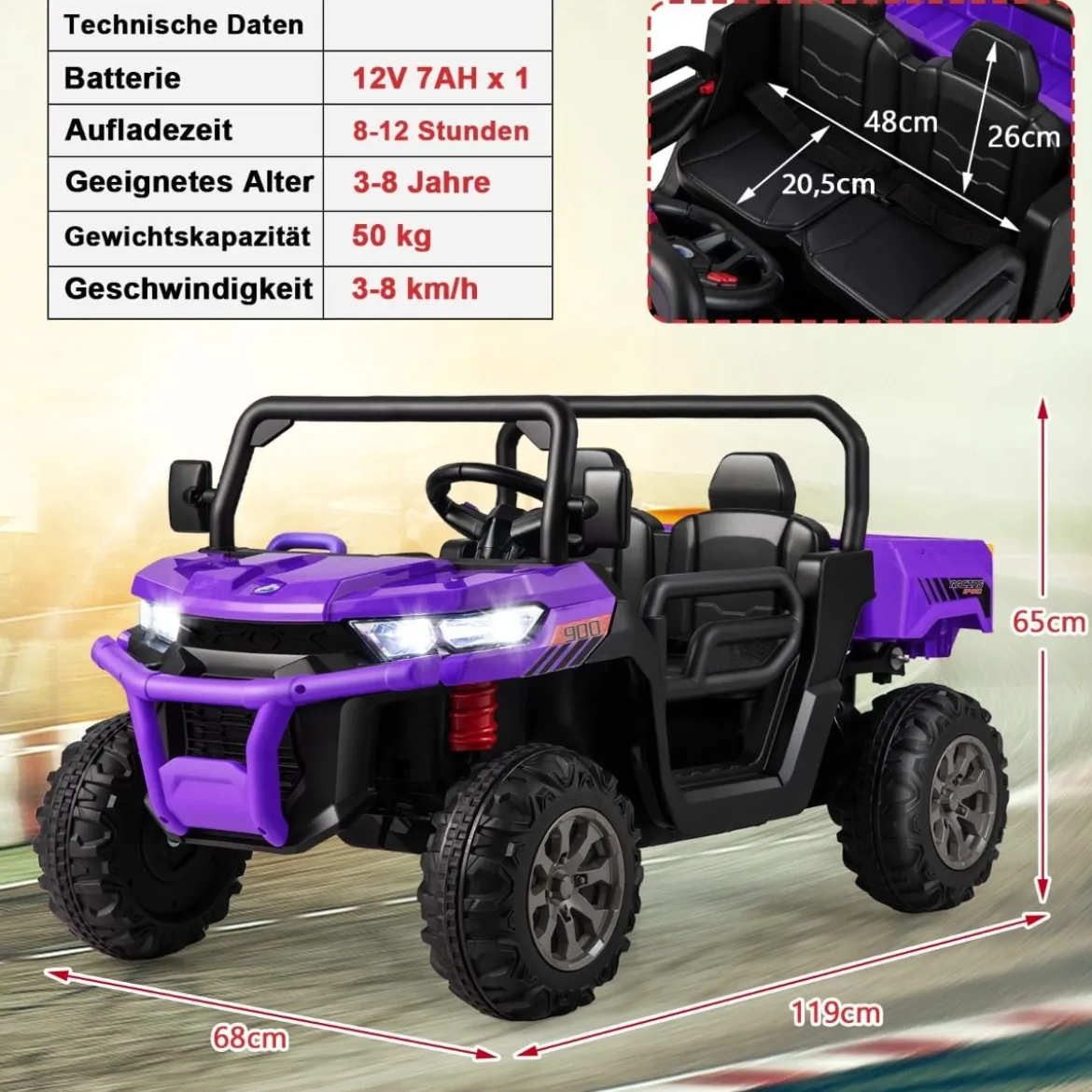 2 Sitzer Elektroauto mit Automatische Ladefläche & Musik & Scheinwerfer 3-8 km/h Fernbedienung