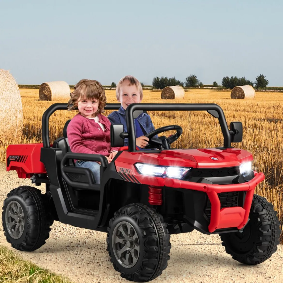 2 Sitzer Elektroauto mit Automatische Ladefläche & Musik & Scheinwerfer 3-8 km/h Fernbedienung