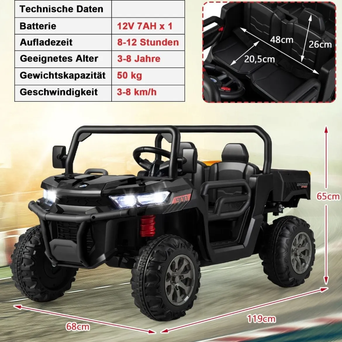 2 Sitzer Elektroauto mit Automatische Ladefläche & Musik & Scheinwerfer 3-8 km/h Fernbedienung