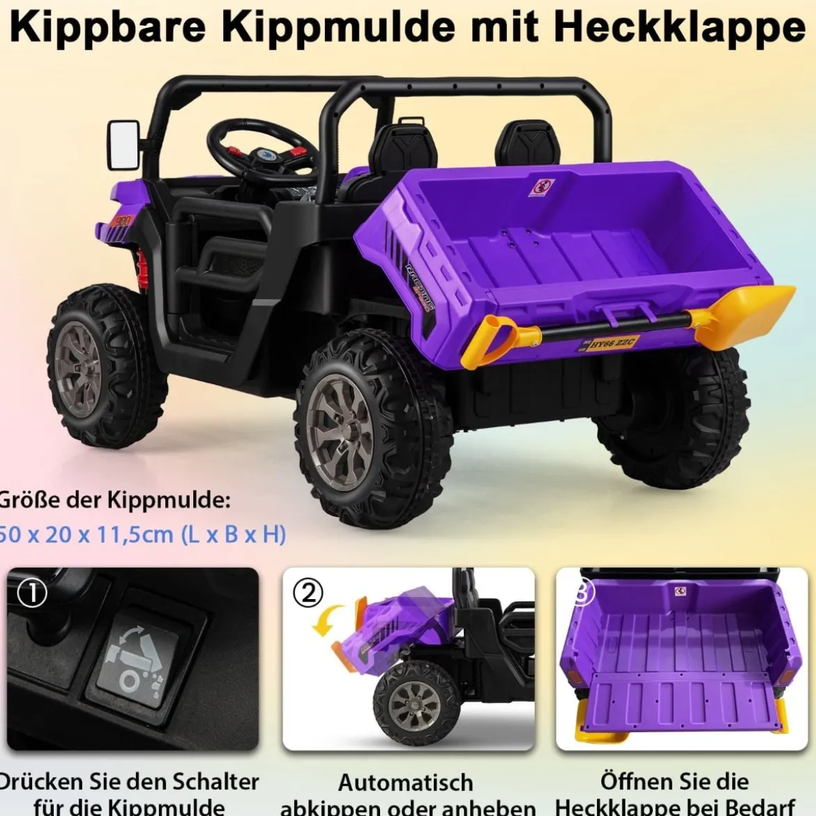 2 Sitzer Elektroauto mit Automatische Ladefläche & Musik & Scheinwerfer 3-8 km/h Fernbedienung