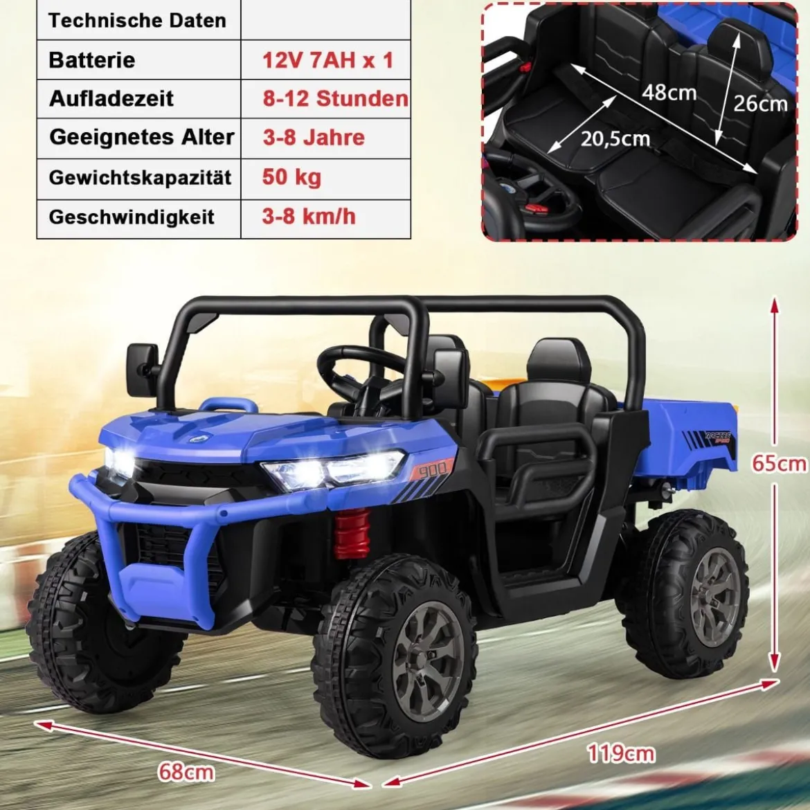 2 Sitzer Elektroauto mit Automatische Ladefläche & Musik & Scheinwerfer 3-8 km/h Fernbedienung