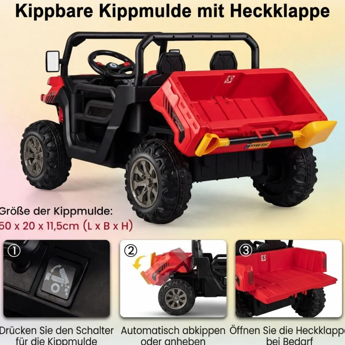 2 Sitzer Elektroauto mit Automatische Ladefläche & Musik & Scheinwerfer 3-8 km/h Fernbedienung