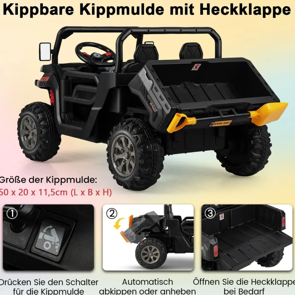 2 Sitzer Elektroauto mit Automatische Ladefläche & Musik & Scheinwerfer 3-8 km/h Fernbedienung