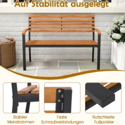2-Sitzer Gartenbank aus Akazienholz mit Armlehnen & Metallrahmen Wetterfest Holzbank