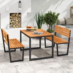 2-Sitzer Gartenbank aus Akazienholz mit Metallrahmen Wetterfest Holzbank Sitzbank