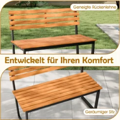 2-Sitzer Gartenbank aus Akazienholz mit Metallrahmen Wetterfest Holzbank Sitzbank